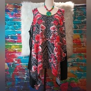 Romans Black and Pink Floral Asymmetrical Sleeveless Tank Top Size 3X